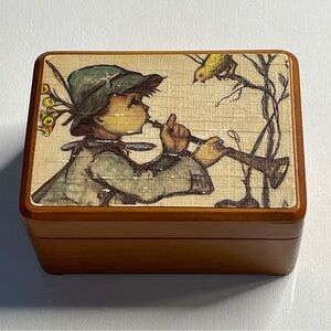 Reuge Swiss Music Box Boy Playing Horn Wood Footed Hinged Lara’s Theme 4”x3”x2”